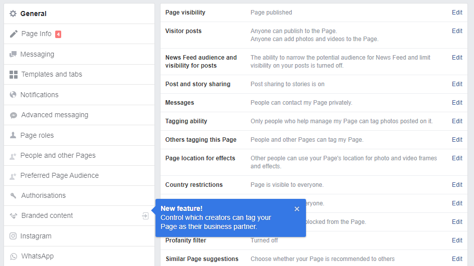 facebook business page editing field