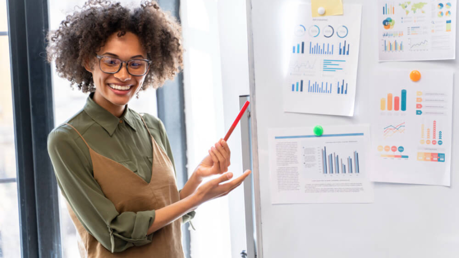 digital marketing for beginners in 2025 - A lady reading through whats written on a whiteboard