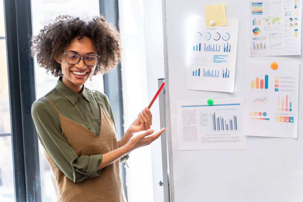 digital marketing for beginners in 2025 - A lady reading through whats written on a whiteboard